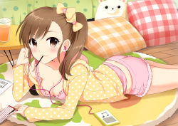 Rule 34 | 1girl, :3, bad id, bad pixiv id, bow, breasts, brown eyes, brown hair, cleavage, digital media player, earbuds, earphones, food, frills, futami mami, glass, hair bow, hair ornament, idolmaster, idolmaster (classic), looking at viewer, lying, mouth hold, on stomach, pillow, pocky, polka dot, ponytail, pu uq, side ponytail, solo, stuffed toy, underwear