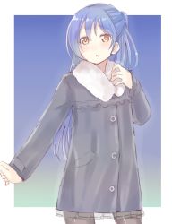 Rule 34 | 1girl, black pantyhose, blue hair, blush, coat, commentary request, cowboy shot, fur trim, hair between eyes, highres, long hair, long sleeves, looking at viewer, love live!, love live! school idol project, pantyhose, shijimi kozou, simple background, solo, sonoda umi, winter clothes, winter coat, yellow eyes