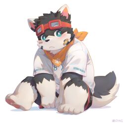 Rule 34 | 1boy, absurdres, animal ears, artist name, bandaid, bandaid on cheek, bandaid on face, bandana, bandana around neck, barcode, blush, commentary request, dog boy, dog ears, furry, furry male, goggles, goggles on head, highres, indie virtual youtuber, inugami kenta, looking at another, male focus, on floor, paw print, pawpads, seamonsterping, shirt, sitting, white shirt, yellow bandana