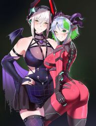 Rule 34 | 2girls, apricot the lich, apricot the lich (1st costume), ass, blush, bodysuit, breasts, bridal gauntlets, cleavage, cosplay, costume switch, demon girl, demon horns, demon wings, dress, green eyes, green hair, grey hair, highres, horns, jamesloves art, large breasts, looking at viewer, medium breasts, medium hair, multicolored hair, multiple girls, pointy ears, purple bridal gauntlets, purple dress, purple thighhighs, red bodysuit, short hair, sidelocks, smile, streaked hair, thighhighs, virtual youtuber, vshojo, wings, yellow eyes, zentreya, zentreya (cyborg), zentreya (cyborg) (1st costume)