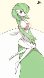 Rule 34 | 1girl, absurdres, artist name, bob cut, breasts, closed mouth, colored skin, creatures (company), female focus, full body, game freak, gardevoir, gen 3 pokemon, green hair, green skin, hair over one eye, half-closed eyes, happy, highres, jewelry, jiaban1216, large breasts, legs, looking at viewer, multicolored skin, nintendo, no nipples, one eye covered, own hands together, pokemon, pokemon (creature), red eyes, ring, short hair, signature, simple background, sitting, smile, solo, split mouth, two-tone skin, wedding ring, white skin, yellow background, yokozuwari