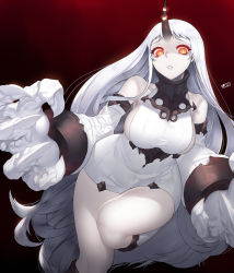 Rule 34 | 10s, 1girl, abyssal ship, bad id, bad pixiv id, bare shoulders, boots, breasts, claws, colored skin, detached sleeves, dress, glowing, glowing eyes, highres, horns, jjune, kantai collection, knee boots, large breasts, long hair, looking at viewer, open mouth, orange eyes, pale skin, ribbed dress, ribbed sweater, seaport princess, short dress, sideboob, signature, single horn, solo, sweater, sweater dress, thighs, very long hair, white dress, white hair, white skin, wide hips