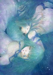Rule 34 | 2girls, aqua eyes, aqua hair, aqua theme, armpits, blunt bangs, blush, breasts, closed eyes, collarbone, commentary, dress, eyelashes, fingernails, hand in own hair, hand on another&#039;s face, highres, lips, long hair, looking at another, lying, multiple girls, original, parted lips, sleeping, sleeveless, sleeveless dress, small breasts, strap, wariko, white dress