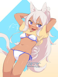 Rule 34 | 1girl, :d, absurdres, animal ear fluff, animal ears, arms behind head, arms up, bikini, bikini under clothes, blue background, blue eyes, blush, breasts, brown background, cat ears, cat girl, cat tail, fang, gluteal fold, gradient background, grey hair, groin, highres, long hair, looking at viewer, multiple tails, navel, open mouth, original, owasaki, puffy short sleeves, puffy sleeves, short eyebrows, short sleeves, shrug (clothing), side-tie bikini bottom, signature, slit pupils, small breasts, smile, solo, swimsuit, tail, thick eyebrows, thigh gap, twitter username, two tails, very long hair, white background, white bikini