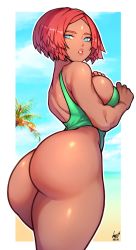 Rule 34 | 1girl, ass, ass focus, back, beach, blue eyes, border, breasts, competition swimsuit, dark-skinned female, dark skin, day, facial mark, forehead mark, from behind, ginseng (xin), giovanna (guilty gear), green one-piece swimsuit, guilty gear, guilty gear strive, highleg, highleg swimsuit, highres, large breasts, lips, looking back, one-piece swimsuit, outline, outside border, palm tree, parted bangs, red hair, short hair, shoulder blades, sideboob, solo, standing, swimsuit, thick thighs, thighs, tree, white border, white outline