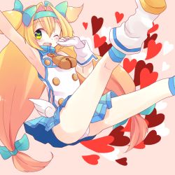 Rule 34 | 1girl, arc system works, bad id, bad pixiv id, bell, blazblue, blonde hair, blush, boots, bow, gloves, green eyes, hair bow, hairband, heart, heart-shaped pupils, long hair, low-tied long hair, magical girl, narcissus1o, nata ichio, one eye closed, open mouth, panties, pantyshot, platinum the trinity, quad tails, skirt, solo, symbol-shaped pupils, two side up, underwear, upskirt, very long hair, white gloves, white panties, wink