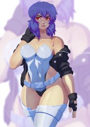 Rule 34 | 1girl, bare shoulders, belt, black gloves, black jacket, breasts, cameltoe, cleavage, commentary, covered navel, curvy, english commentary, fingerless gloves, ghost in the shell, ghost in the shell stand alone complex, gloves, highleg, highleg leotard, highres, jacket, kusanagi motoko, leather, leather jacket, leotard, lips, medium breasts, medium hair, off shoulder, purple hair, red eyes, shiny skin, solo, strapless, strapless leotard, thighhighs, thighs, tovio rogers, white thighhighs