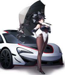 Rule 34 | 1girl, :o, absurdres, azur lane, bare shoulders, black hair, black pantyhose, bodystocking, bow, breasts, cleavage, cleavage cutout, clothing cutout, detached sleeves, elbow gloves, gloves, hair bow, hair ribbon, hand on own hip, highres, koflif, leotard, long legs, looking at viewer, mclaren p1, official alternate costume, pantyhose, ponytail, race queen, race vehicle, ribbon, skin tight, skindentation, standing, takao (azur lane), takao (full throttle charmer) (azur lane), umbrella