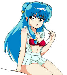 Rule 34 | 1girl, apron, aqua hair, arm support, blue hair, bra, breasts, choko (20040421), cleavage, cyocomi3, double bun, female focus, hair bun, long hair, looking at viewer, medium breasts, microskirt, naked apron, official style, parted lips, playing with own hair, pleated skirt, purple eyes, ranma 1/2, red bra, shampoo (ranma 1/2), simple background, sitting, skirt, solo, twintails, underwear, upper body, white background, yellow eyes