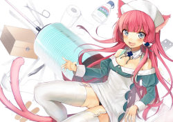 Rule 34 | 1girl, :d, animal ears, bandages, bare shoulders, blue eyes, blush, box, breasts, cat ears, cat tail, cleavage, fang, garter straps, hair ornament, hat, heart, ichijou kokona, large breasts, large syringe, long hair, looking at viewer, midorikawa you, multiple tails, nurse, nurse cap, open mouth, original, oversized object, panties, pink hair, revision, smile, solo, syringe, tail, thighhighs, underwear, white thighhighs