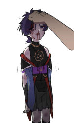Rule 34 | 1boy, absurdres, abuse, beaten, blood, blood from mouth, blood on clothes, blood on face, blouse, blue eyes, blue hair, bruise, collared shirt, detached sleeves, empty eyes, fowlr, genshin impact, held up, highres, injury, japanese clothes, jitome, male focus, messy hair, obi, open mouth, ryona, sanpaku, sash, scaramouche (genshin impact), shirt, sleeveless, sleeveless shirt, solo, tagme