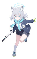 Rule 34 | 1girl, absurdres, animal ears, arm behind back, black skirt, blazer, blue archive, blue eyes, blue necktie, blue scarf, cross hair ornament, expressionless, full body, gloves, green gloves, gun, hair ornament, halo, highres, holding, holding gun, holding weapon, id card, jacket, jyt, kneehighs, leaning forward, long hair, looking at viewer, medium hair, miniskirt, mismatched pupils, necktie, open clothes, open jacket, parted lips, plaid, plaid skirt, scarf, school uniform, shiroko (blue archive), shirt, skirt, socks, solo, standing, standing on one leg, weapon, white hair, white shirt