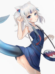 Rule 34 | 1girl, animal ears, ass, blue eyes, blue hair, cat ears, fins, fish tail, gawr gura, gawr gura (casual), hakusyokuto, highres, hololive, hololive english, looking at viewer, multicolored hair, official alternate costume, open mouth, shark tail, silver hair, simple background, solo, streaked hair, tail, virtual youtuber, white background