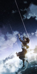 Rule 34 | 1girl, above clouds, absurdres, black pantyhose, bracelet, brown hair, brown skirt, closed mouth, cloud, commentary request, floating, floating hair, from side, grey jacket, hand up, highres, jacket, jewelry, long hair, long sleeves, night, night sky, open clothes, open jacket, original, outdoors, outstretched arm, pantyhose, profile, scenery, shirt, skirt, sky, solo, sorakuma (oycue41), star (sky), starry sky, white shirt