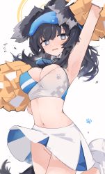 Rule 34 | 1girl, animal ears, arm up, armpits, black hair, blue archive, blue bow, blue eyes, blush, bow, breasts, cheering, cheerleader, cleavage, covered erect nipples, cowboy shot, crop top, dog ears, dog girl, dog tail, eyewear on head, female focus, flying sweatdrops, goggles, goggles on head, halo, hibiki (blue archive), hibiki (cheer squad) (blue archive), highres, holding, holding pom poms, large breasts, long hair, looking at viewer, medium breasts, midriff, mikozin, millennium cheerleader outfit (blue archive), miniskirt, navel, no panties, open mouth, pleated skirt, pom pom (cheerleading), pom poms, pussy, simple background, skirt, sleeveless, solo, steam, sweat, tail, white background, white skirt