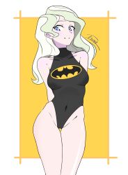 Rule 34 | 1girl, arms behind back, bare shoulders, batman (series), batman symbol, black leotard, blonde hair, blue eyes, blush, border, breasts, closed mouth, covered navel, dc comics, diana cavendish, groin, highres, leotard, little witch academia, long hair, looking at viewer, medium breasts, shiny skin, simple background, smile, solo, standing, white border, yellow background