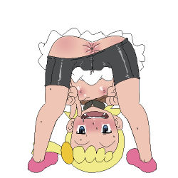 Rule 34 | 1girl, aliasing, anus, ass, bent over, bike shorts, bloggerman, blonde hair, blue eyes, bonnie (pokemon), breasts, clothes pull, creatures (company), flat chest, game freak, looking at viewer, looking through own legs, lowres, nintendo, nipples, pants, pants pull, pokemon, saliva, short hair, side ponytail, simple background, small nipples, uncensored, v, white background