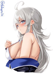 Rule 34 | 1girl, ahoge, back, bare shoulders, black jacket, blue necktie, blush, breasts, ebifurya, grey eyes, headgear, highres, jacket, kantai collection, long hair, looking at viewer, looking to the side, medium breasts, military, military uniform, necktie, off shoulder, one-hour drawing challenge, shirt, silver hair, simple background, sleeveless, sleeveless shirt, smile, solo, uniform, upper body, washington (kancolle), white background, white shirt