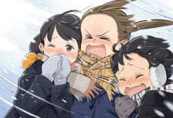 Rule 34 | &gt; &lt;, &gt; o, 3girls, :d, black hair, blush, brown eyes, brown hair, bush, coat, commentary request, d:, earmuffs, facing viewer, floating hair, forehead, gloves, grey gloves, grey scarf, long sleeves, mittens, multiple girls, nose blush, one eye closed, open mouth, original, scarf, short hair, smile, twintails, umishima senbon, wind, yellow scarf