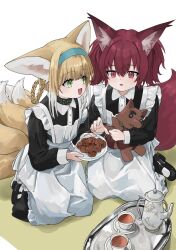 Rule 34 | 2girls, alternate costume, animal ears, apron, arknights, black collar, black dress, black footwear, blonde hair, braid, braided hair rings, collar, collared dress, commentary, cookie, cup, dress, enmaided, food, fox ears, fox girl, fox tail, frilled apron, frills, green eyes, hair between eyes, hair rings, highres, holding, holding plate, holding stuffed toy, infection monitor (arknights), kitsune, kyuubi, long sleeves, maid, maid apron, mary janes, morte (arknights), multicolored hair, multiple girls, multiple tails, open mouth, parted lips, plate, purple eyes, purple hair, shamare (arknights), shoes, short hair, sitting, stuffed toy, stuffed wolf, suzuran (arknights), tail, tea, teacup, teapot, twintails, two-tone hair, waichi, wariza, white apron, white hair