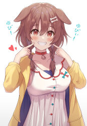 Rule 34 | 1girl, animal collar, animal ears, blush, bone hair ornament, braid, breasts, brown eyes, brown hair, buttons, collar, dog ears, dog girl, dress, fingers to cheeks, grin, hair ornament, heart, highres, hololive, inugami korone, inugami korone (1st costume), jacket, large breasts, long hair, long sleeves, low twin braids, red collar, simple background, sleeveless, sleeveless dress, smile, solo, suicabar72, teeth, twin braids, upper body, virtual youtuber, white background, white dress, yellow jacket