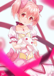 Rule 34 | 1girl, absurdres, blurry, blurry background, blurry foreground, blush, bow choker, bubble skirt, button eyes, buttons, choker, collarbone, dress, frilled dress, frilled sleeves, frills, gloves, hair between eyes, head tilt, highres, holding, holding stuffed toy, kaname madoka, kyubey, looking at viewer, magical girl, mahou shoujo madoka magica, mahou shoujo madoka magica (anime), parted lips, pink eyes, pink hair, pink ribbon, puffy short sleeves, puffy sleeves, red choker, ribbon, short hair, short sleeves, short twintails, signature, simple background, skirt, solo, soul gem, stuffed toy, tsubameno, twintails, upper body, white background, white gloves