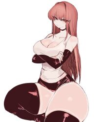 Rule 34 | 1girl, arm warmers, arms under breasts, black choker, black thighhighs, breasts, brown hair, chainsaw man, choker, cleavage, crossed arms, earrings, highres, jewelry, large breasts, long hair, looking at viewer, makima (chainsaw man), shirt, skin tight, thick thighs, thighhighs, thighs, usa37107692, white shirt, wide hips, yellow eyes