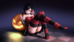 Rule 34 | 1girl, absurdres, bags under eyes, bare shoulders, black choker, black hair, black nails, black skirt, black sleeves, blood, blood from mouth, cameltoe, checkered floor, choker, claw pose, collarbone, detached sleeves, fangs, foreshortening, glowing, glowing eyes, hair between eyes, hair ornament, hairclip, halloween, highres, jack-o&#039;-lantern, lace, lace-trimmed shirt, lace trim, legs, long sleeves, looking at viewer, lying, miniskirt, nail polish, no shoes, novenine, on back, original, panties, pleated skirt, pumpkin, purple eyes, red panties, red shirt, renko (renkonv), shirt, short hair, short hair with long locks, skirt, solo, strapless, strapless shirt, striped clothes, striped thighhighs, swept bangs, thick thighs, thighhighs, thighs, thong, underwear, vampire