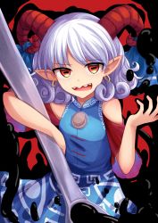 Rule 34 | 1girl, blood, blue dress, commentary, curly hair, detached sleeves, dress, earrings, eye print, highres, holding, holding spork, horizontal pupils, horn ornament, horn ribbon, horns, jewelry, meandros, oversized object, patterned clothing, pointy ears, rectangular pupils, red eyes, red horns, red sleeves, ribbon, sharp teeth, sheep horns, spork, teeth, touhou, toutetsu yuuma, utensil, white hair, yu cha
