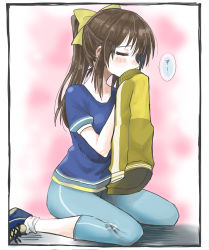 Rule 34 | 1girl, absurdres, aqua pants, artist name, artist request, black border, blue footwear, blue pants, blue shirt, blush, border, bow, breasts, brown hair, check translation, closed eyes, collarbone, commentary request, female focus, hair between eyes, hair bow, high ponytail, highres, holding, holding clothes, holding jacket, jacket, long hair, looking at viewer, love live!, love live! nijigasaki high school idol club, love live! school idol festival, nose blush, osaka shizuku, pants, parted lips, pink background, ponytail, shirt, shoes, short sleeves, sitting, smile, smelling, solo, speech bubble, translated, translation request, wristband, yellow bow, yellow jacket, yellow wristband