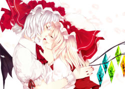 Rule 34 | 2girls, absurdres, ascot, bat wings, blonde hair, closed eyes, face-to-face, female focus, flandre scarlet, flower, hand on another&#039;s chin, hand on own chin, hat, hat flower, hat ribbon, highres, kamifanta123, kiss, multiple girls, nail polish, kissing nose, puffy sleeves, red flower, red nails, red rose, remilia scarlet, ribbon, rose, shirt, short hair, short sleeves, siblings, silver hair, sisters, smile, touhou, wings, wrist cuffs, wrist ribbon