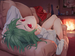 Rule 34 | 1girl, areola slip, asutora, billy herrington, billy herrington (cameo), black panties, blouse, bottle, breasts, come hither, couch, drawing (object), fireplace, flower, gachimuchi pants wrestling, green hair, hand in own hair, highres, kazami yuuka, large breasts, long sleeves, looking at viewer, lying, naked shirt, nipple slip, nipples, no bra, on back, on couch, open clothes, open shirt, painting (object), panties, picture frame, red eyes, shirt, skirt, solo, sunflower, touhou, underwear, unworn skirt, vase, when you see it, white shirt, wrestling (series), wriggle nightbug