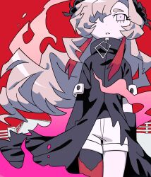 Rule 34 | arms at sides, asymmetrical sleeves, black coat, black flower, black gloves, black pantyhose, black shirt, boots, chinese commentary, coat, commentary request, cowboy shot, expressionless, floating hair, flower, gloves, grey eyes, grey hair, hair flower, hair ornament, high collar, highres, isekai joucho, kamitsubaki studio, long hair, looking ahead, multicolored hair, pantyhose, parted lips, railing, red background, red footwear, red hair, shirt, shorts, single glove, single leg pantyhose, single thigh boot, streaked hair, thick eyebrows, thigh boots, uneven sleeves, very long hair, virtual youtuber, wan 2220, white shorts, zipper pull tab