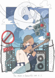 Rule 34 | 1girl, absurdres, bandaid, bandaid on leg, black socks, blue sky, blush, brown eyes, brown hair, cloud, cloudy sky, covered mouth, english text, fence, guitar, haru57928031, highres, holding, holding instrument, instrument, knees up, long sleeves, looking at viewer, original, shoes, short hair, sign, sky, socks, solo, traffic light, white footwear, wide shot