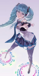 Rule 34 | 1girl, black footwear, black skirt, blue eyes, blue necktie, boots, breasts, commentary, cypressdahlia, detached sleeves, english commentary, floating hair, grey shirt, hatsune miku, head tilt, highres, leaning forward, long hair, looking at viewer, necktie, open hand, pleated skirt, pointing, pointing at viewer, realistic, shirt, skirt, sleeveless, sleeveless shirt, small breasts, smile, solo, thigh boots, twintails, vocaloid