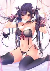 Rule 34 | 1girl, armpits, ayuma sayu, bare shoulders, black bra, black gloves, black hair, black panties, black thighhighs, bra, breasts, choker, cleavage, commentary request, demon girl, demon tail, garter straps, gloves, halterneck, hands up, head wings, highres, large breasts, long hair, looking at viewer, navel, no shoes, original, panties, pink eyes, polka dot, polka dot bra, polka dot panties, red ribbon, ribbon, side-tie panties, sidelocks, sitting, solo, stomach, tail, thighhighs, tongue, tongue out, twintails, underwear, very long hair, wariza, wings