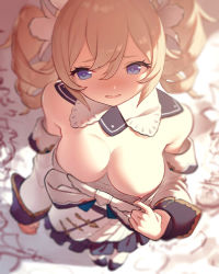 Rule 34 | 1girl, barbara (genshin impact), bare shoulders, blonde hair, blue eyes, blush, bow, bowtie, breasts, clothes pull, detached collar, detached sleeves, downblouse, dress, dress pull, drill hair, from above, genshin impact, hat, highres, long sleeves, medium breasts, nipples, no bra, one breast out, open mouth, sanooxo, smile, solo, twin drills, twintails