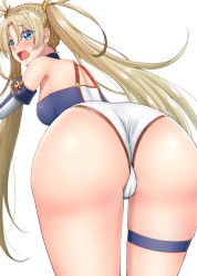 Rule 34 | 1girl, ass, bare shoulders, blonde hair, blue eyes, blush, bradamante (fate), braid, breasts, cameltoe, fate/grand order, fate (series), from behind, highres, huge ass, leaning, leaning forward, leotard, long hair, looking at viewer, nov, open mouth, shiny skin, sideboob, solo, thigh strap, twintails, very long hair, wavy mouth