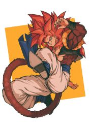 Rule 34 | abs, absurdres, bare arms, bare pectorals, biceps, black footwear, blue eyes, body fur, dragon ball, dragon ball gt, fusion, gogeta, highres, large pectorals, male focus, metamoran vest, monkey boy, monkey tail, muscular, muscular male, obi, pants, pectorals, red fur, red hair, relio db318, sash, solo, super saiyan, super saiyan 4, tail, white background, white pants, yellow background