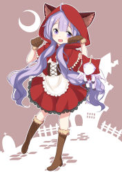 Rule 34 | 1girl, :d, animal ear fluff, animal ears, animal hands, apron, azur lane, blush, boots, bow, brown background, brown footwear, brown gloves, capelet, commentary request, cosplay, crescent, frilled apron, frills, full body, fur-trimmed boots, fur-trimmed gloves, fur trim, gloves, halloween, hands up, hood, hood up, hooded capelet, knee boots, little red riding hood, little red riding hood (grimm), little red riding hood (grimm) (cosplay), long hair, looking at viewer, monochrome background, open mouth, paw gloves, pleated skirt, purple eyes, purple hair, red bow, red capelet, red skirt, skirt, smile, solo, stuffed animal, stuffed toy, stuffed winged unicorn, sukireto, unicorn (azur lane), very long hair, waist apron, white apron, wolf ears