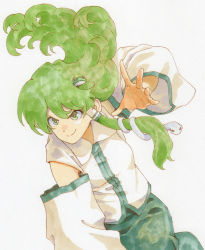 Rule 34 | 1girl, aqua skirt, closed mouth, collared shirt, commentary request, detached sleeves, feet out of frame, frog hair ornament, green eyes, green hair, hair ornament, highres, kochiya sanae, long hair, looking at viewer, marker (medium), shiratama (hockey), shirt, simple background, single hair tube, skirt, sleeveless, sleeveless shirt, smile, snake hair ornament, solo, touhou, traditional media, v-shaped eyebrows, white background, white shirt, white sleeves, wide sleeves