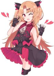 Rule 34 | 1girl, ;d, akatsuki uni, bare shoulders, black dress, black gloves, black jacket, black thighhighs, blush, chawan (yultutari), claw pose, commentary request, cropped legs, dress, fang, fingernails, gloves, hair ornament, hairclip, hands up, head tilt, heart, highres, jacket, light brown hair, long hair, one eye closed, open mouth, partially fingerless gloves, pleated dress, red eyes, sidelocks, simple background, sleeveless, sleeveless jacket, smile, solo, thighhighs, two side up, uni create, very long hair, virtual youtuber, white background, zipper pull tab