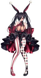 Rule 34 | 1girl, absurdres, animal ears, asymmetrical gloves, asymmetrical legwear, bare shoulders, between legs, black dress, black footwear, black hair, black leotard, bodystocking, breasts, clown, contrapposto, dress, frilled dress, frills, full body, gabby (hz (666v)), gloves, hair over one eye, hand between legs, harlequin, highres, huge breasts, hz (666v), large breasts, leotard, makeup, mismatched gloves, mismatched legwear, multicolored hair, original, pantyhose, playboy bunny, rabbit ears, red dress, red eyes, red footwear, red hair, red leotard, solo, streaked hair, twintails, two-tone leotard, white background, white pantyhose