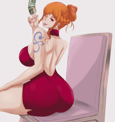 Rule 34 | 1girl, absurdres, ass, breasts, dress, highres, huge ass, large breasts, money, nami (one piece), nami (one piece) (whole cake island), one piece, red dress, solo, wide hips