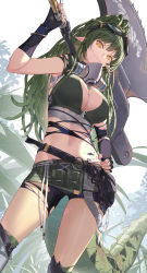 Rule 34 | 1girl, arknights, arm up, axe, belt pouch, breasts, brown hair, cleavage, crocodilian tail, cropped legs, dreadlocks, gas mask, gavial (arknights), gavial the invincible (arknights), gloves, goggles, goggles on head, green hair, hand on own hip, highres, holding, holding weapon, mask, mask around neck, midriff, nian (zhanian), official alternate costume, orange eyes, pointy ears, ponytail, pouch, respirator, short shorts, shorts, tail, torn clothes, torn gloves, torn shorts, weapon