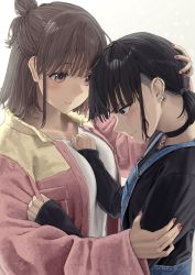 Rule 34 | 2girls, arm between breasts, between breasts, black choker, black hair, black shirt, blouse, blue eyes, blue overalls, blush, breasts, brown hair, choker, closed mouth, comforting, commentary, crying, crying with eyes open, english commentary, from side, hair bun, hand on another&#039;s head, highres, jacket, large breasts, long sleeves, looking at viewer, multiple girls, noeru, open clothes, open jacket, original, overalls, pink eyes, shirt, short hair, simple background, single hair bun, small breasts, smile, tears, upper body, white background, white shirt