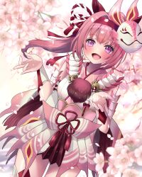 Rule 34 | 1girl, absurdres, alternate costume, animal ears, blush, breasts, cherry blossoms, commentary request, detached sleeves, haru urara (umamusume), headband, highres, horse ears, horse tail, looking at viewer, mask, mask on head, miatanganbar4, pink hair, ponytail, purple eyes, small breasts, solo, tail, thighhighs, umamusume
