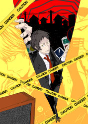 Rule 34 | 2boys, adachi tooru, atlus, bad id, bad pixiv id, black hair, black jacket, building, caution tape, cityscape, closed mouth, collared shirt, expressionless, fingernails, foreshortening, glasses, izanagi (persona 4), jacket, long sleeves, looking at viewer, looking down, male focus, multiple boys, narukami yuu, necktie, open clothes, open jacket, parted lips, persona, persona 4, profile, red eyes, red necktie, road sign, shirt, sign, solo focus, spoilers, static, television, traffic light, unamana, unataria, utility pole, wing collar, yellow eyes