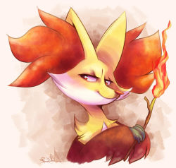 Rule 34 | commentary, creature, creatures (company), delphox, english commentary, fire, fire, furry, game freak, gen 6 pokemon, holding, holding stick, looking to the side, nintendo, pokemon, pokemon (creature), signature, smile, solo, stick, vaporotem