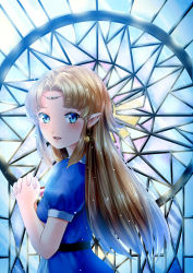 Rule 34 | 1girl, blue background, blue dress, blue eyes, blush, brown hair, dress, earrings, from side, highres, jewelry, long hair, nintendo, own hands clasped, own hands together, pointy ears, princess zelda, puffy short sleeves, puffy sleeves, short sleeves, solo, the legend of zelda, the legend of zelda: a link to the past, tiara, wasabi (legemd), window
